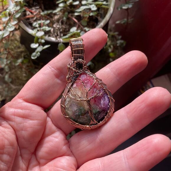 Rainbow Solar Quartz Tree Of Life Copper Wired Pendant - Picture 1 of 7